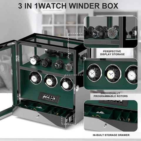 MHB 3-in-1 Fingerprint Lock LCD Remote Control Premium Watch Winder - MHB22B-034